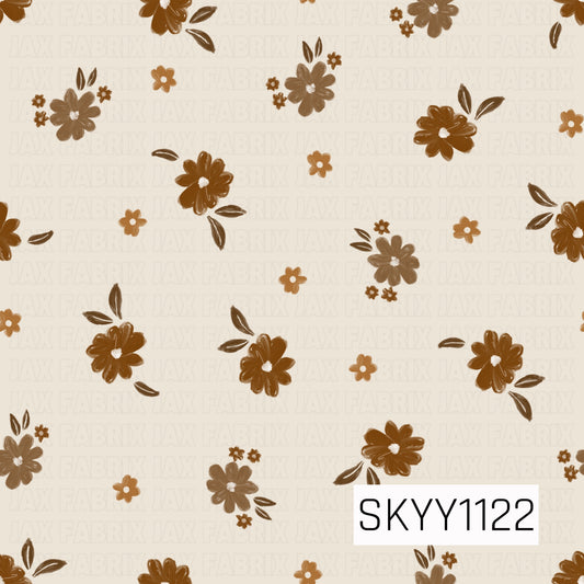 A warm neutral floral seamless pattern featuring hand-painted flowers and scattered leaves in rich caramel, chestnut brown, and soft tan. The creamy background and loose, organic arrangement give the design a cozy, earthy fall feel.
