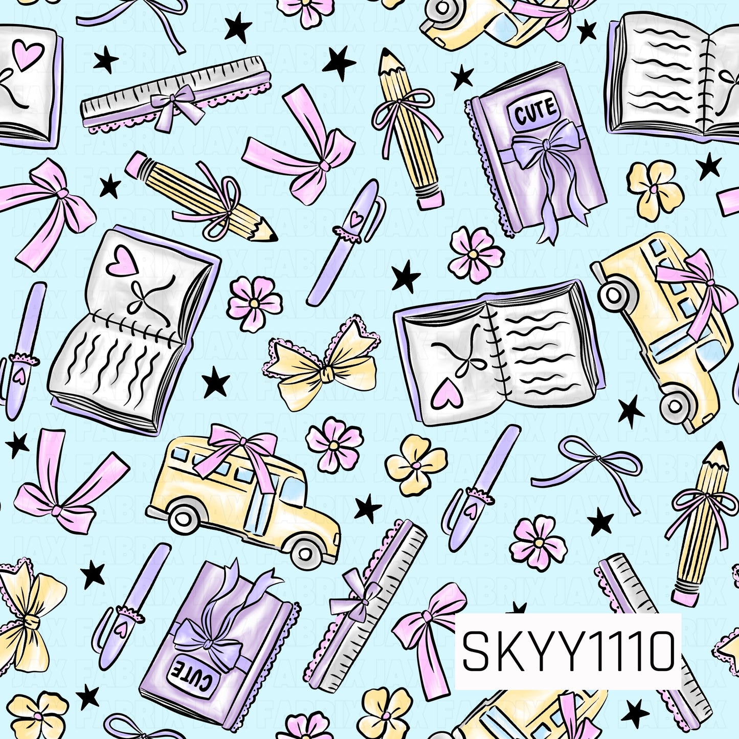 A playful coquette back-to-school pattern featuring vintage school buses, ribbon-tied pencils, notebooks, rulers, bows, flowers, and pens scattered across a soft blue background. Pink, lavender, and buttery yellow accents add a sweet, whimsical touch.
