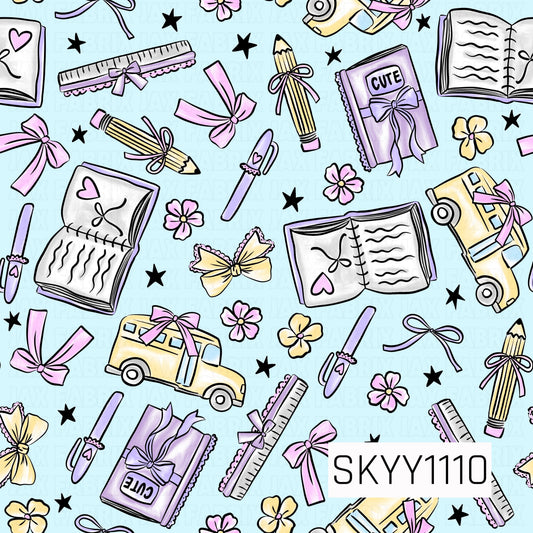 A playful coquette back-to-school pattern featuring vintage school buses, ribbon-tied pencils, notebooks, rulers, bows, flowers, and pens scattered across a soft blue background. Pink, lavender, and buttery yellow accents add a sweet, whimsical touch.
