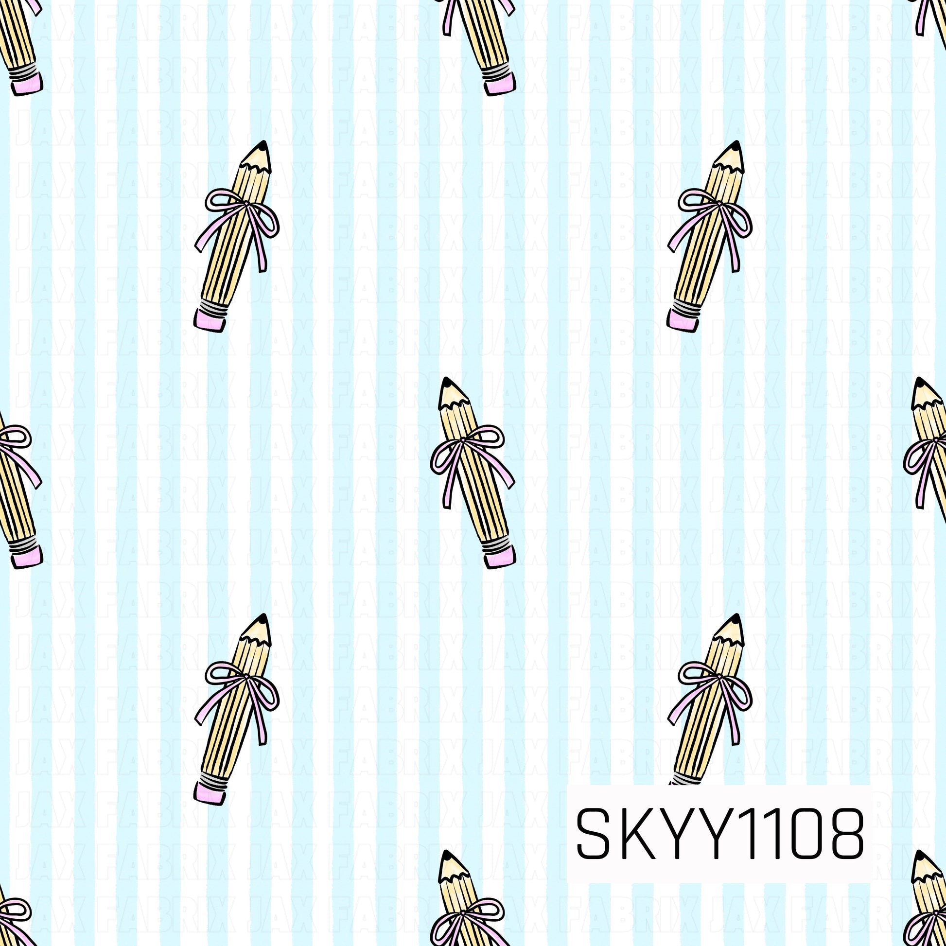 A sweet back-to-school pattern featuring charming vintage pencils tied with lavender bows, scattered over soft blue watercolor stripes on a crisp white background. The coquette-inspired details add a playful, nostalgic touch.
