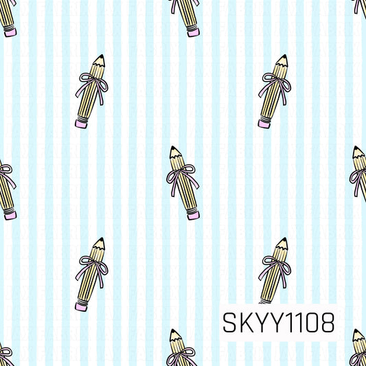A sweet back-to-school pattern featuring charming vintage pencils tied with lavender bows, scattered over soft blue watercolor stripes on a crisp white background. The coquette-inspired details add a playful, nostalgic touch.
