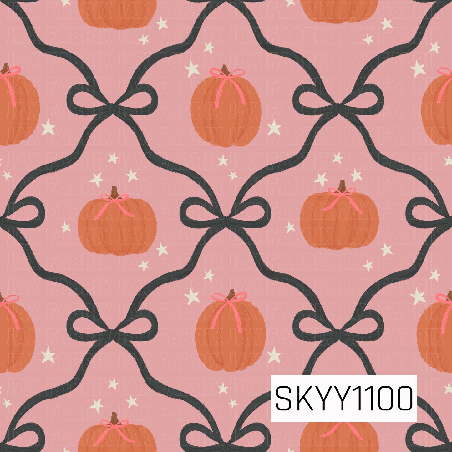 A charming seamless pattern featuring soft orange pumpkins adorned with delicate pink bows, framed by oversized charcoal ribbon bows that create a repeating coquette-inspired lattice design. Set on a blush pink background with scattered cream stars, this feminine fall pattern blends classic autumn elements with a sweet, elegant aesthetic.

