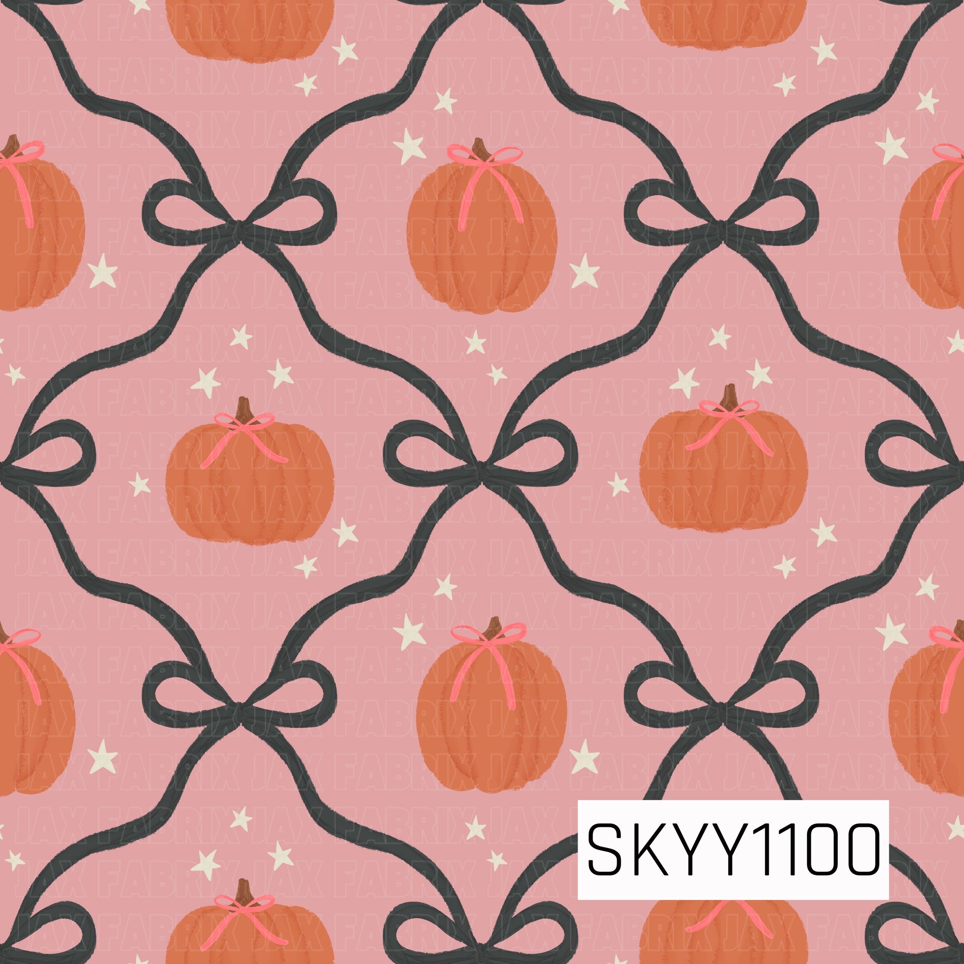 A charming seamless pattern featuring soft orange pumpkins adorned with delicate pink bows, framed by oversized charcoal ribbon bows that create a repeating coquette-inspired lattice design. Set on a blush pink background with scattered cream stars, this feminine fall pattern blends classic autumn elements with a sweet, elegant aesthetic.
