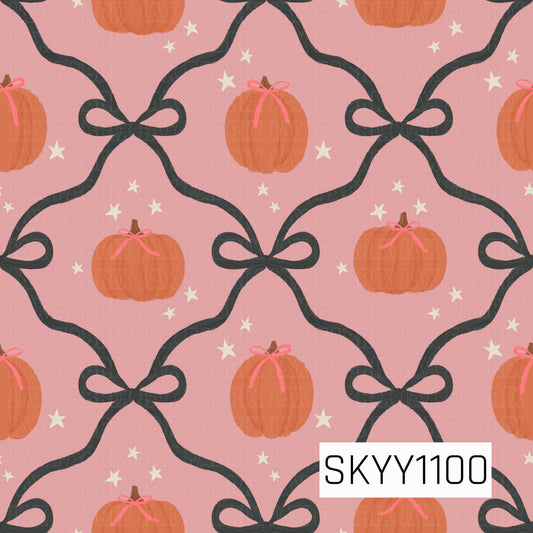 A charming seamless pattern featuring soft orange pumpkins adorned with delicate pink bows, framed by oversized charcoal ribbon bows that create a repeating coquette-inspired lattice design. Set on a blush pink background with scattered cream stars, this feminine fall pattern blends classic autumn elements with a sweet, elegant aesthetic.
