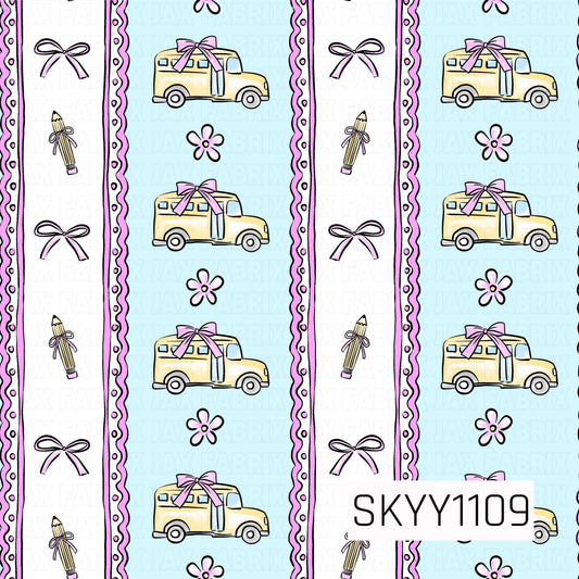A charming coquette-inspired striped pattern featuring vintage school buses with pink bows, dainty ribbon-tied pencils, bows, and tiny flowers. Soft blue and white stripes with pink scalloped borders give this design a sweet back-to-school look.
