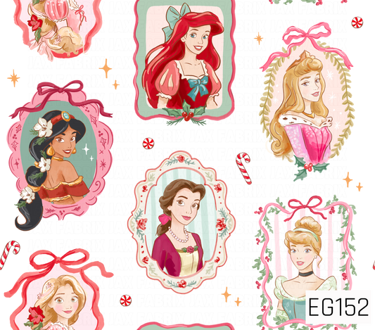 A festive princess pattern featuring storybook-style portraits in whimsical frames, accented with bows, florals, candy canes, peppermint candies, and sparkling details.
