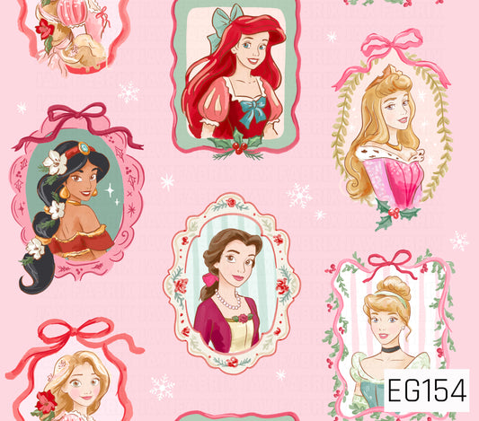 A festive storybook princess pattern featuring whimsical framed portraits on a soft pink background, accented with bows, florals, holly, and delicate snowflakes.
