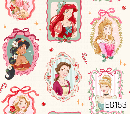 A festive storybook princess pattern featuring whimsical framed portraits on a soft cream background, accented with bows, florals, candy canes, peppermint candies, and sparkling details.
