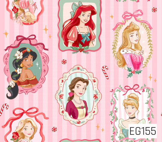 A festive storybook princess pattern featuring framed portraits on a soft pink striped background, accented with bows, holly, candy canes, peppermint candies, and golden sparkles.
