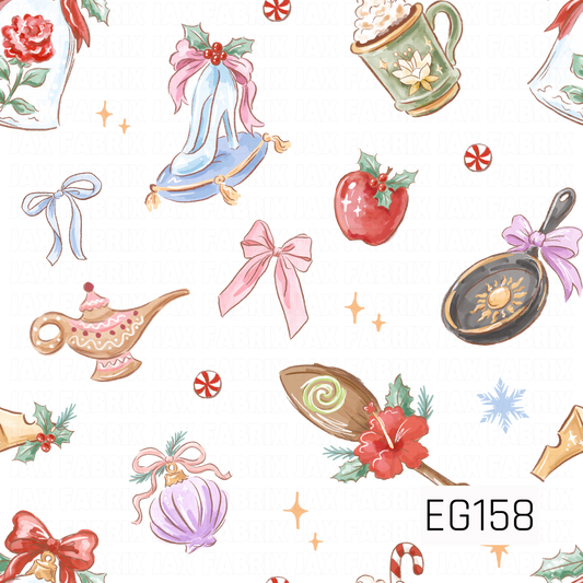 A whimsical holiday pattern featuring princess-inspired treasures, including a glass slipper, magic lamp, frying pan, floral brush, and festive mug, accented with bows, holly, peppermint candies, and sparkling details.
