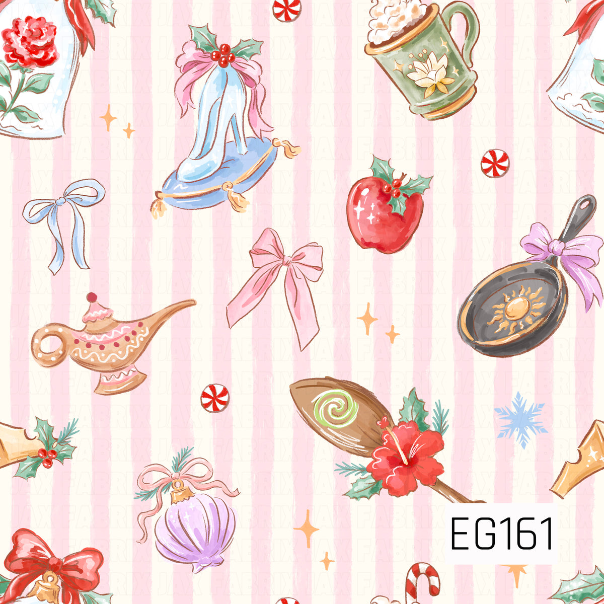 A whimsical holiday pattern featuring princess-inspired treasures, including a glass slipper, magic lamp, frying pan, floral brush, and festive mug, accented with bows, holly, peppermint candies, and golden sparkles on a soft pink striped background.
