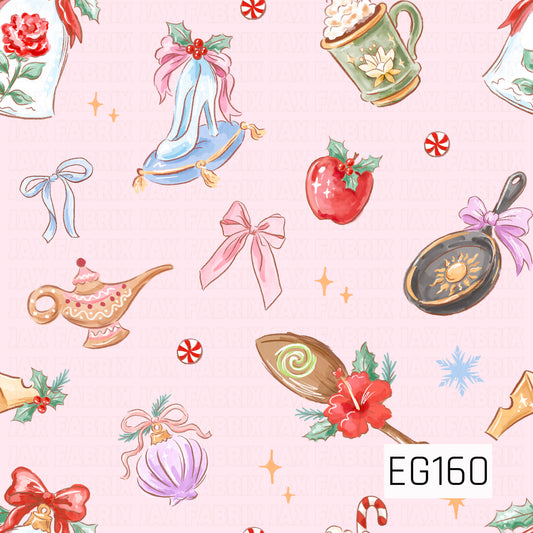 A whimsical holiday pattern featuring princess-inspired treasures, including a glass slipper, magic lamp, frying pan, floral brush, and festive mug, accented with bows, holly, peppermint candies, and golden sparkles on a soft pink background.
