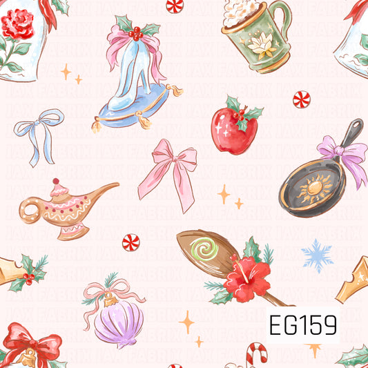 A whimsical holiday pattern featuring princess-inspired treasures, including a glass slipper, magic lamp, frying pan, floral brush, and festive mug, accented with bows, holly, peppermint candies, and golden sparkles on a soft blush background.
