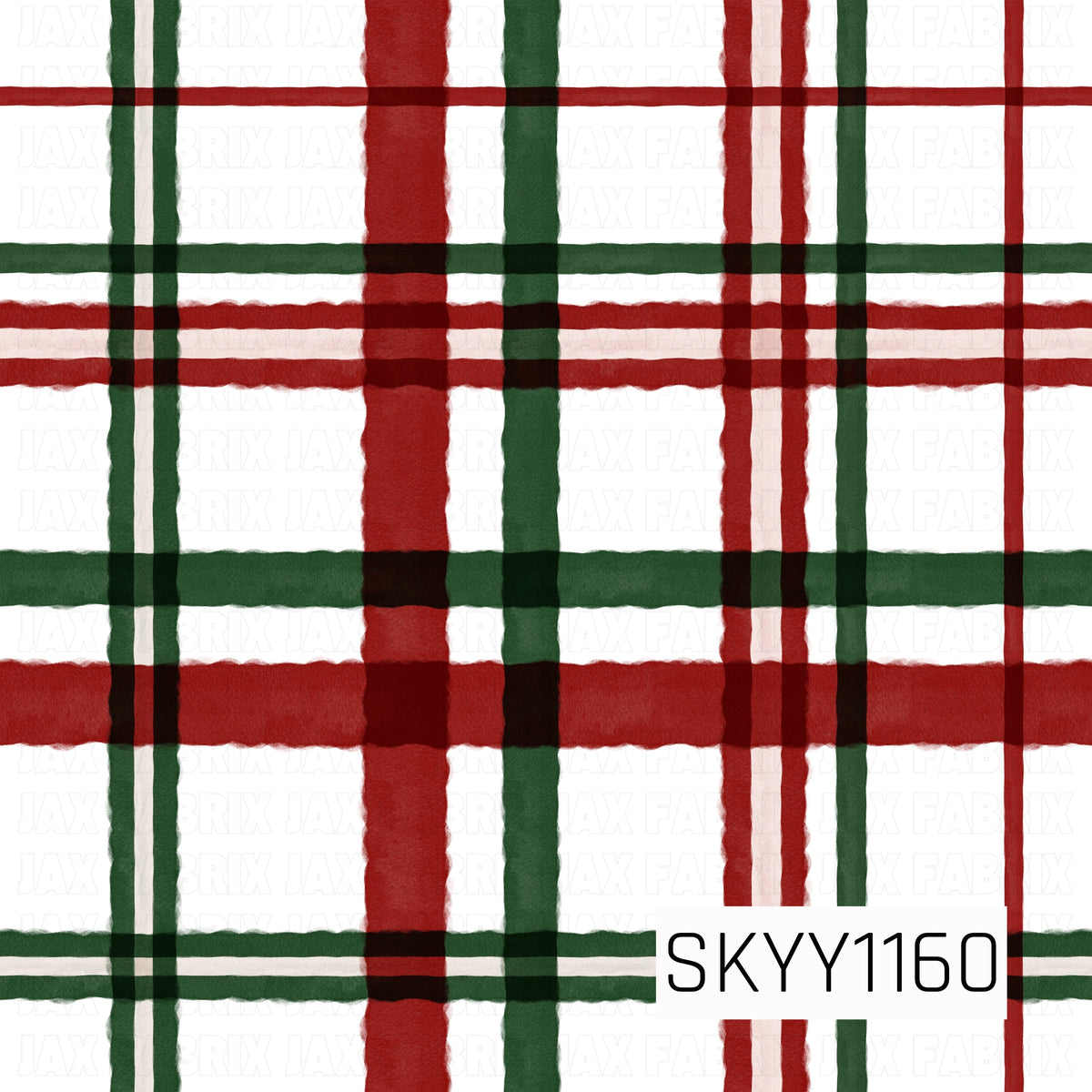 A hand-painted Christmas plaid featuring bold red and forest green stripes layered over a crisp white background. Varied stripe widths and slightly uneven watercolor-style edges give the classic holiday plaid a cozy, handmade feel.