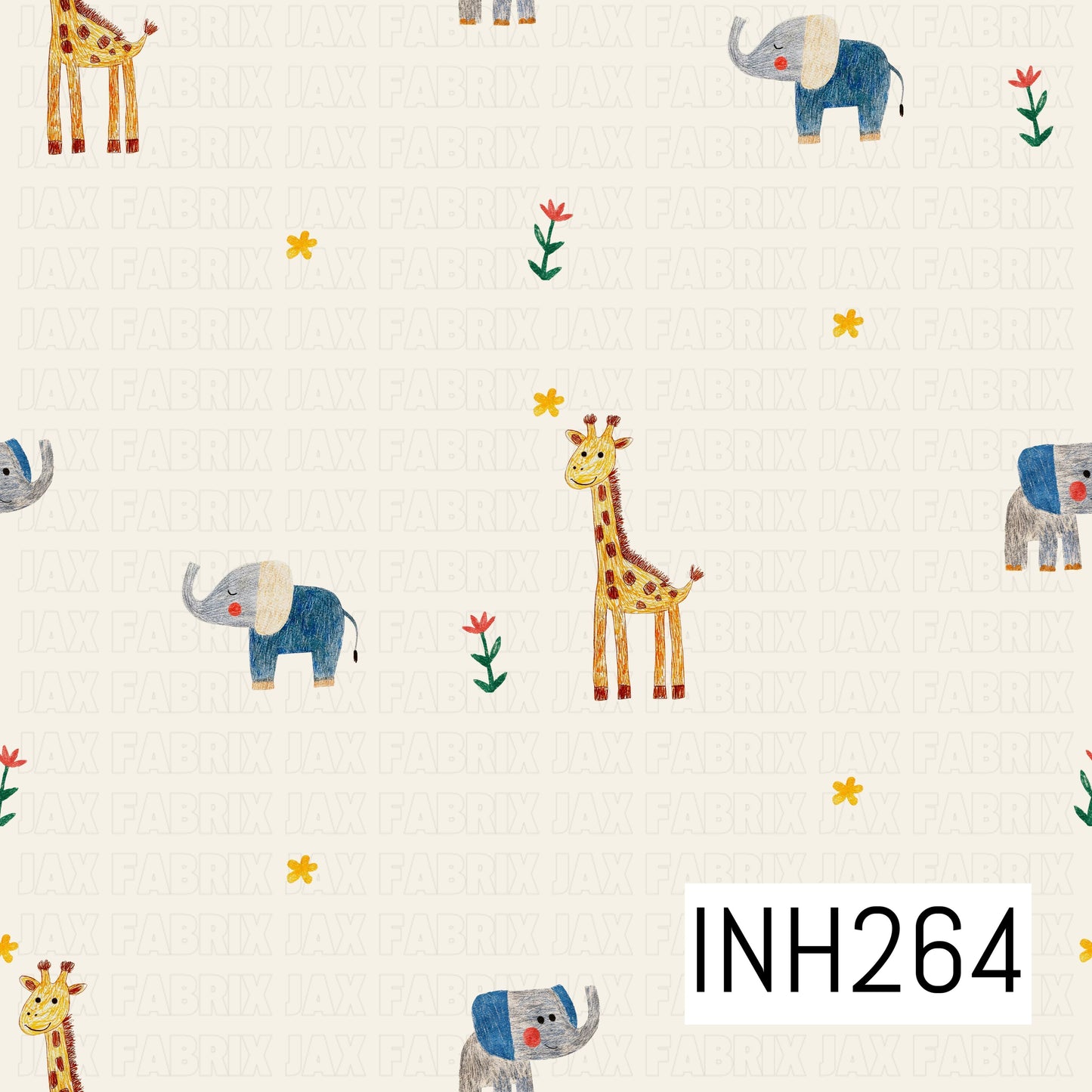 Pattern of cartoon giraffes, elephants, and flowers on a light background