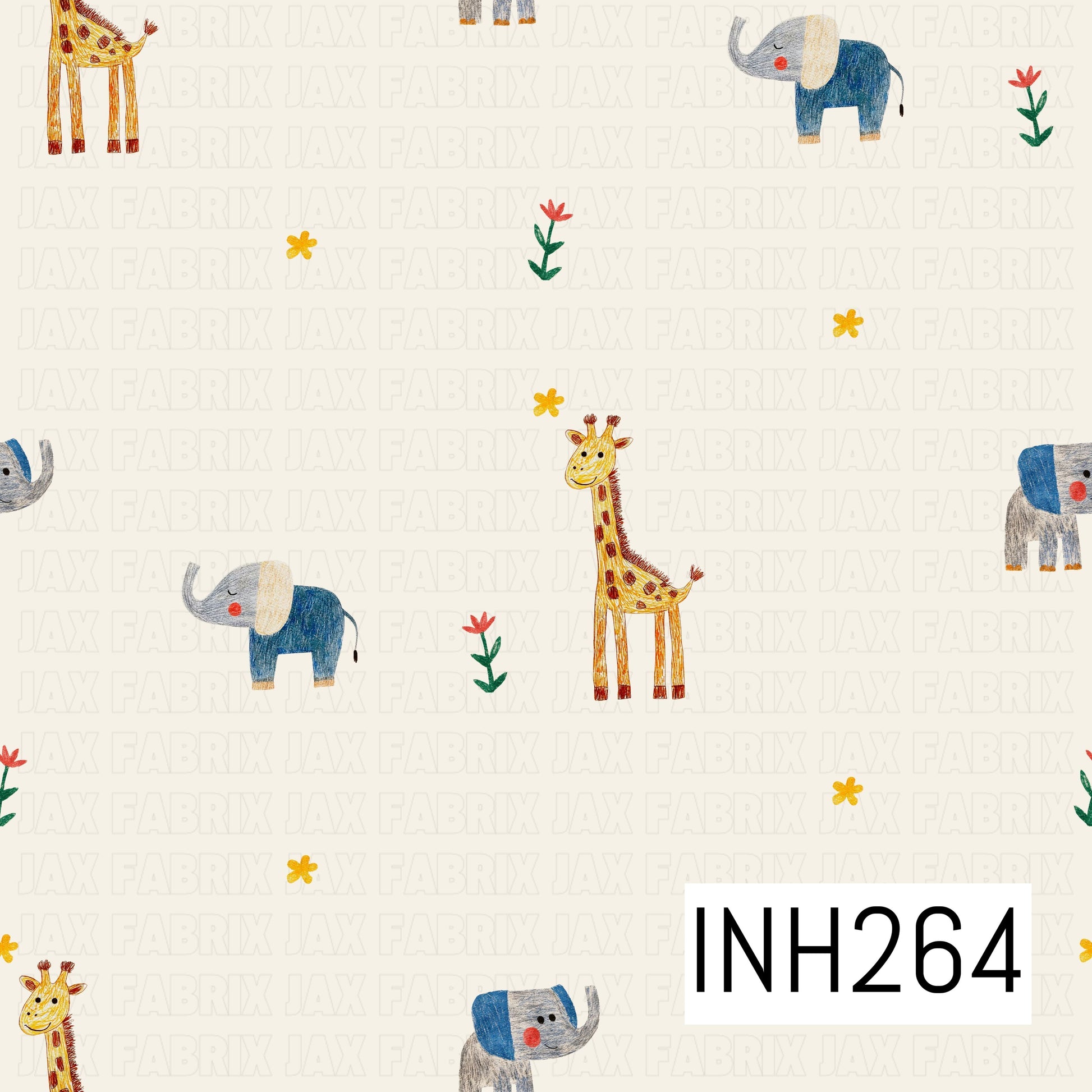 Pattern of cartoon giraffes, elephants, and flowers on a light background