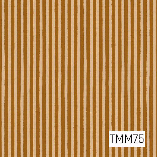 A warm hand-painted stripe pattern featuring alternating vertical bands of rich caramel brown and soft tan. The slightly uneven, textured brushstrokes give the design a cozy handmade feel with a simple rustic look that coordinates beautifully with florals, plaids, and patchwork prints.
