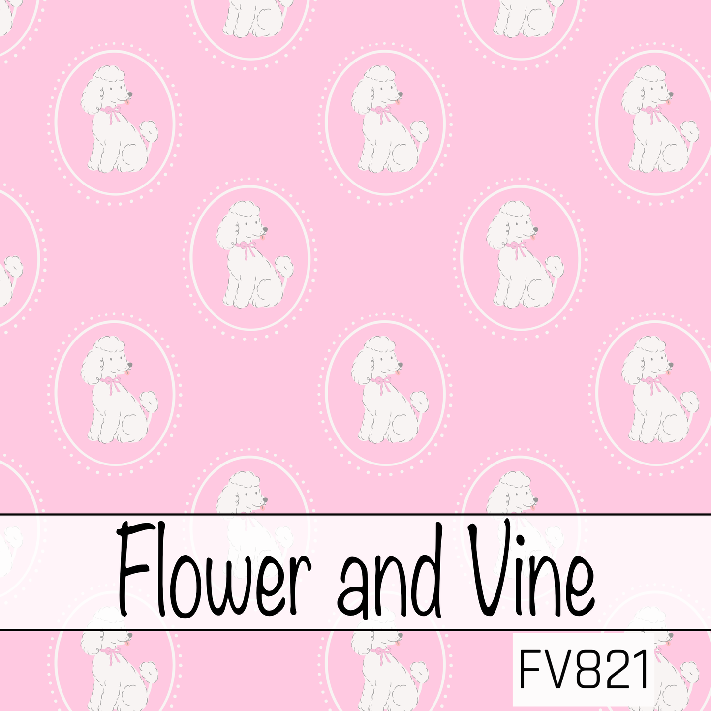 A sweet and timeless seamless pattern featuring fluffy white poodles framed in delicate white oval cameos on a soft pink background. Finished with dainty pink bows and dotted oval borders, this charming design has a classic, feminine feel with a touch of vintage elegance.
