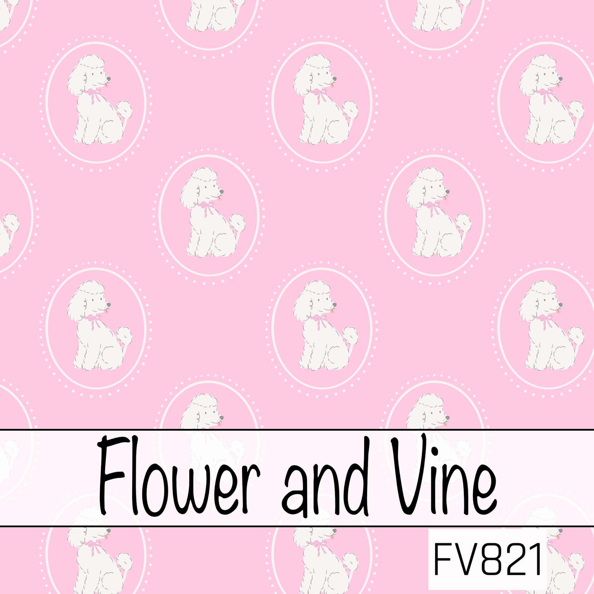 A sweet and timeless seamless pattern featuring fluffy white poodles framed in delicate white oval cameos on a soft pink background. Finished with dainty pink bows and dotted oval borders, this charming design has a classic, feminine feel with a touch of vintage elegance.
