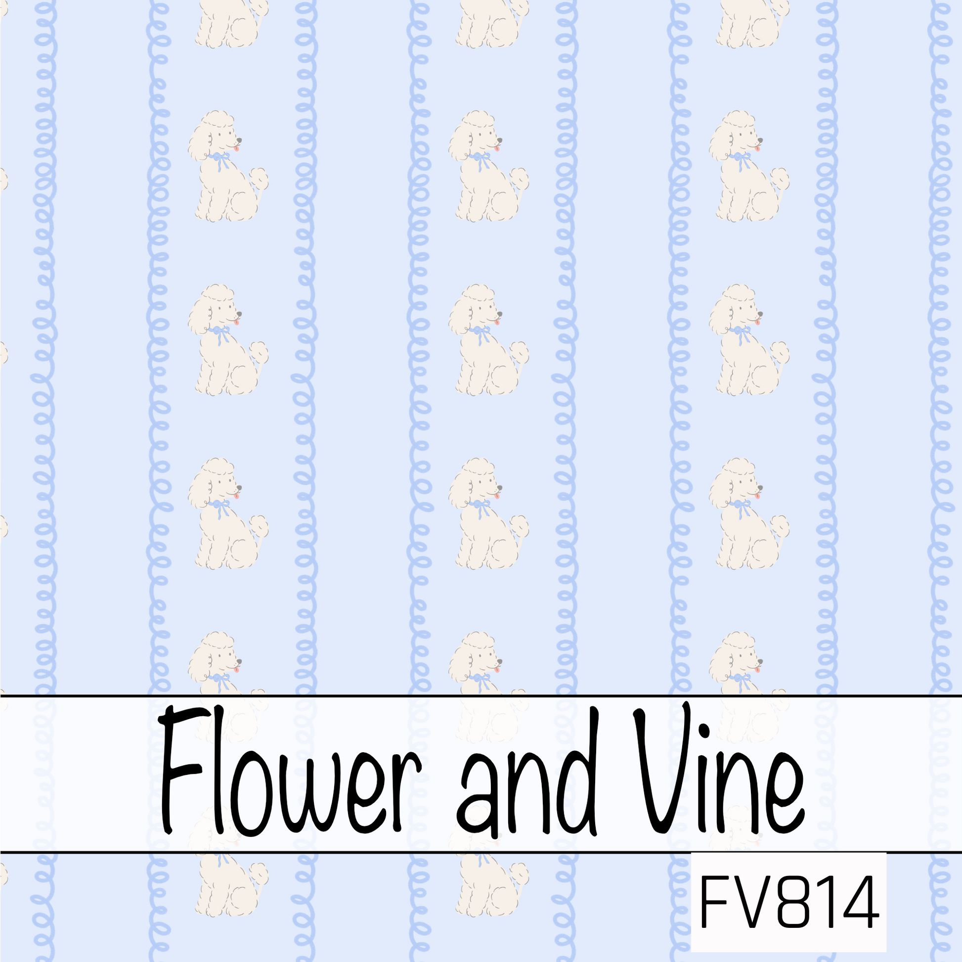 A charming seamless stripe pattern featuring rows of fluffy white poodles wearing powder blue bows, separated by delicate blue squiggle stripes on a soft baby blue background. The sweet repeating layout gives this design a playful, classic feel with a touch of preppy charm.
