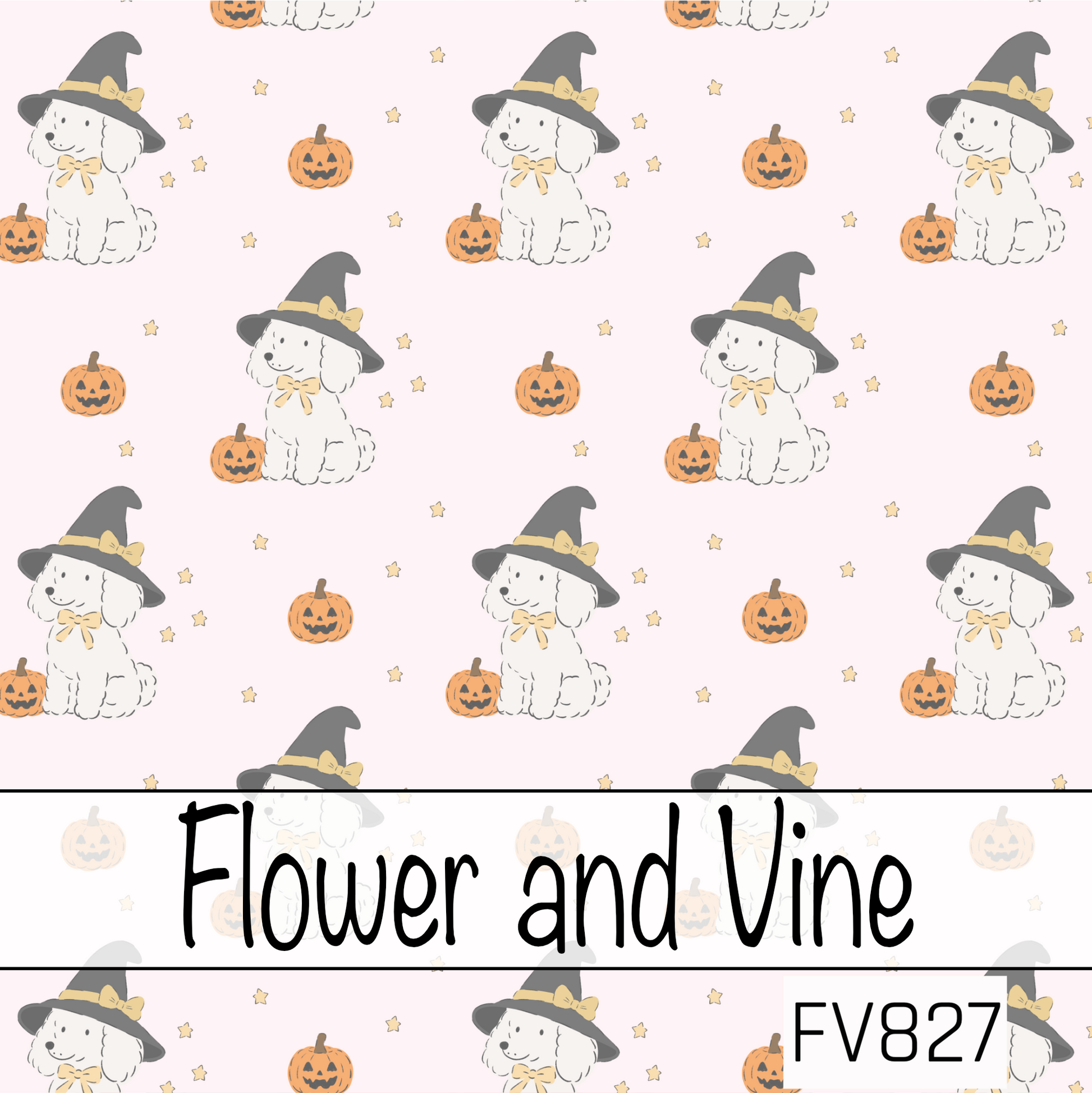 A cute seamless Halloween pattern featuring fluffy white puppies wearing classic black witch hats with golden bows, paired with smiling jack-o'-lanterns and tiny golden stars on a soft blush pink background. The sweet pastel palette gives this spooky design a playful, cozy charm perfect for Halloween.
