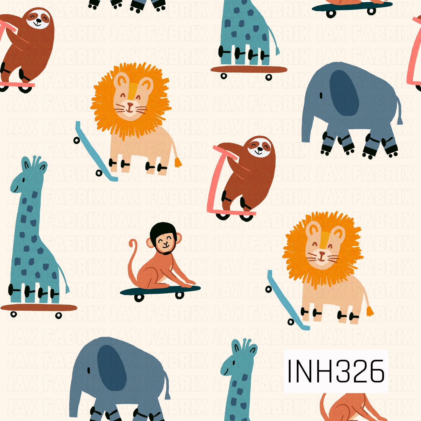 A playful, modern pattern featuring safari animals riding skateboards, including cheerful lions, elephants, giraffes, monkeys, and sloths. The whimsical illustrations are scattered across a soft cream background, with each animal shown balancing on colorful skateboards or roller-style wheels. The simplified shapes, friendly expressions, and muted palette of blue, orange, tan, brown, and coral create a fun, kid-friendly design with a lighthearted adventure and active play theme.
