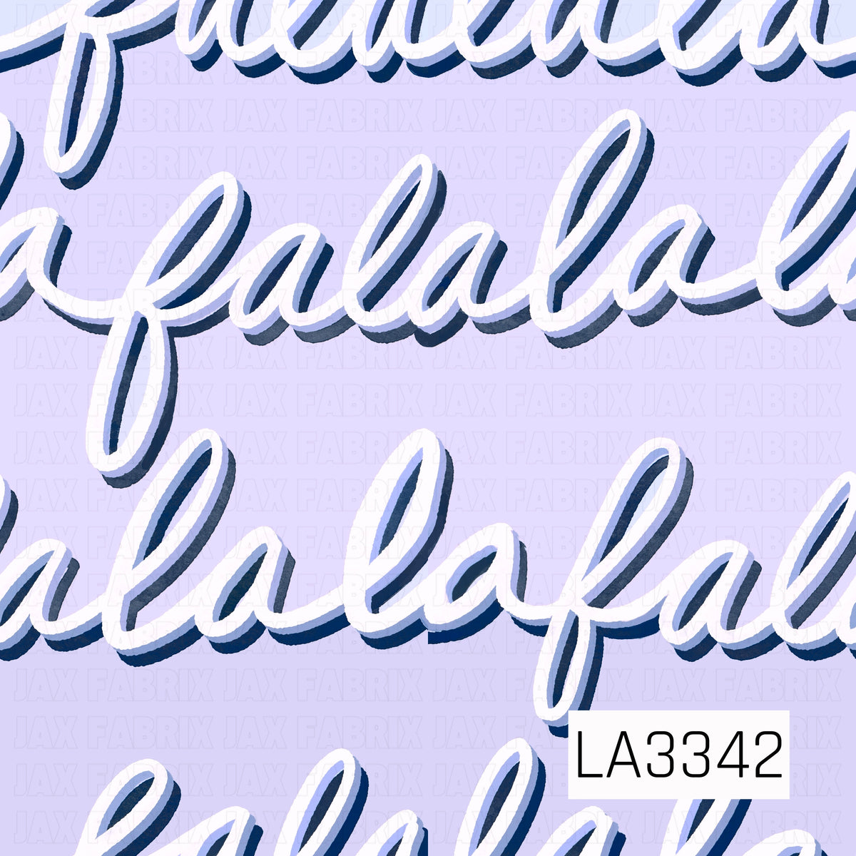 A festive “fa la la” pattern featuring oversized white script with a deep navy shadow on a soft lavender background.
