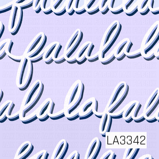 A festive “fa la la” pattern featuring oversized white script with a deep navy shadow on a soft lavender background.

