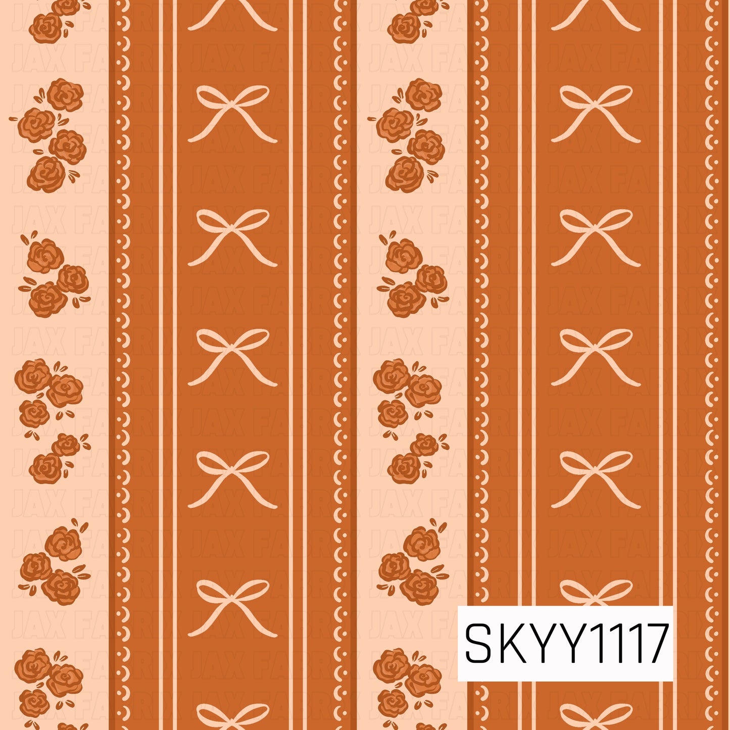 A charming seamless stripe pattern featuring alternating rows of delicate ribbon bows, clustered roses, and decorative scalloped accents. Warm burnt orange, terracotta, and soft peach tones create a feminine vintage-inspired design with a cozy fall feel.
