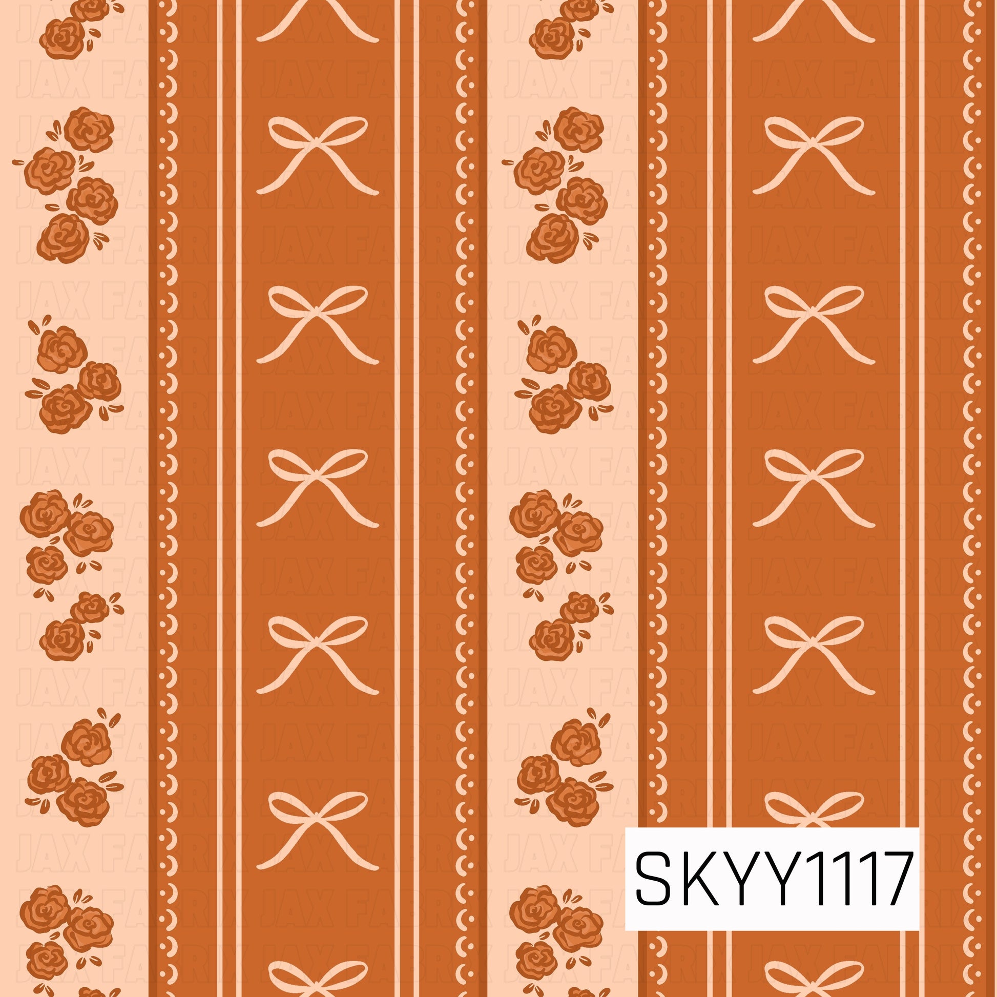 A charming seamless stripe pattern featuring alternating rows of delicate ribbon bows, clustered roses, and decorative scalloped accents. Warm burnt orange, terracotta, and soft peach tones create a feminine vintage-inspired design with a cozy fall feel.
