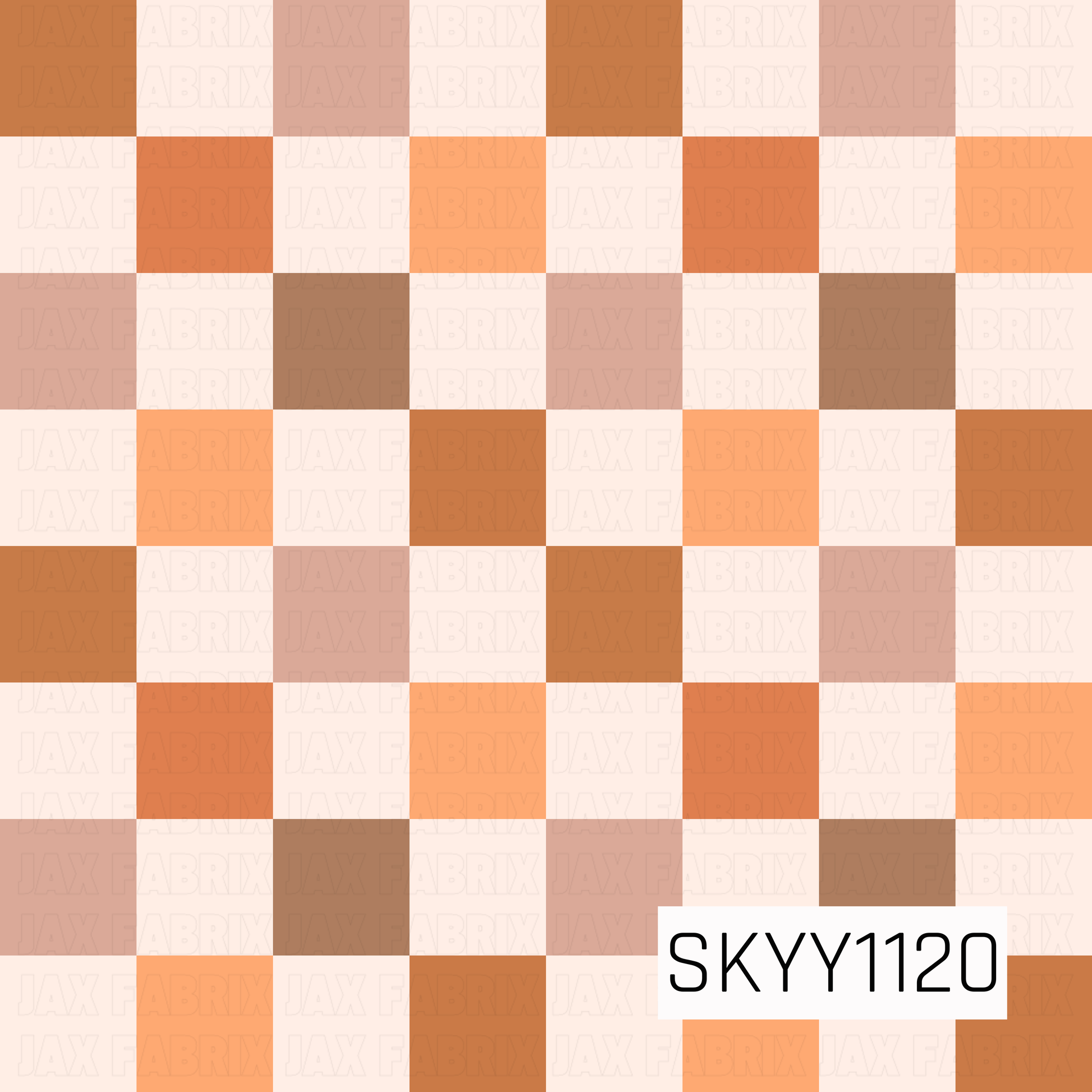 A warm fall gingham seamless pattern featuring oversized checks in burnt orange, pumpkin, caramel brown, dusty peach, and soft cream. The muted autumn color palette gives the classic checkered design a cozy, modern seasonal feel.
