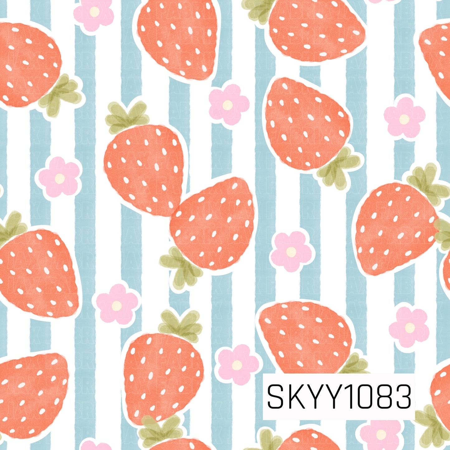 Sweet watercolor strawberries scatter across soft blue and white stripes with tiny pink blossoms throughout. The hand-painted style and pastel palette create a fresh, playful design full of spring and summer charm.
