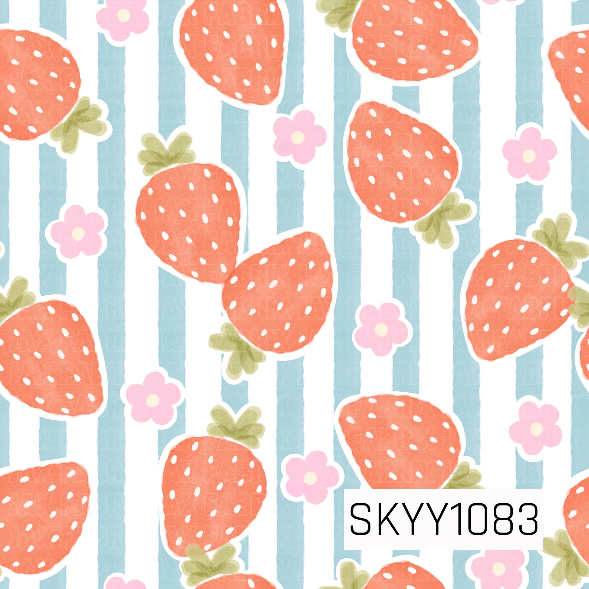 Sweet watercolor strawberries scatter across soft blue and white stripes with tiny pink blossoms throughout. The hand-painted style and pastel palette create a fresh, playful design full of spring and summer charm.
