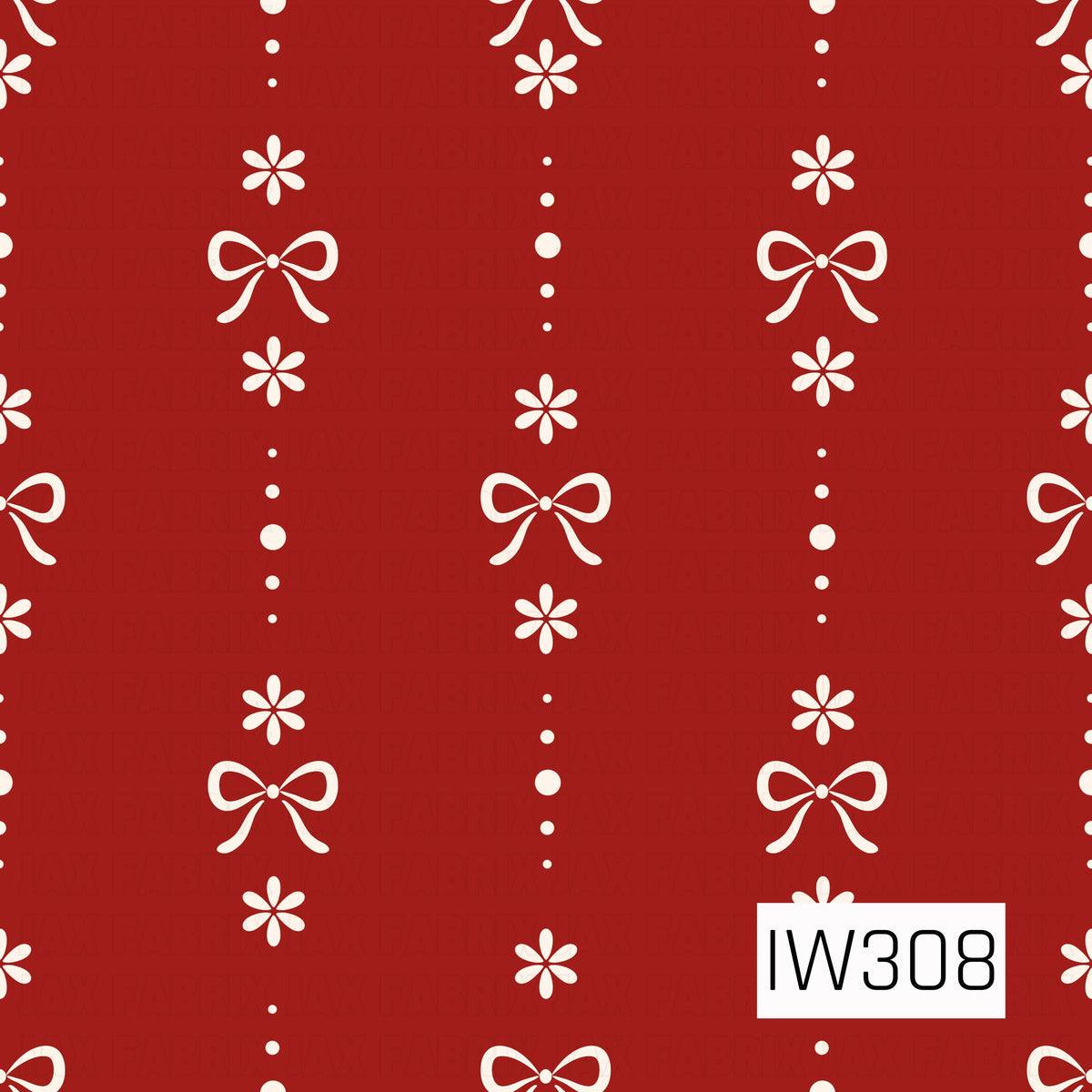 A charming folk art-inspired pattern featuring delicate ivory bows, simple six-petal flowers, and tiny dots arranged in repeating vertical rows. Set against a rich, warm red background, the playful hand-drawn details create a sweet, vintage Christmas feel.