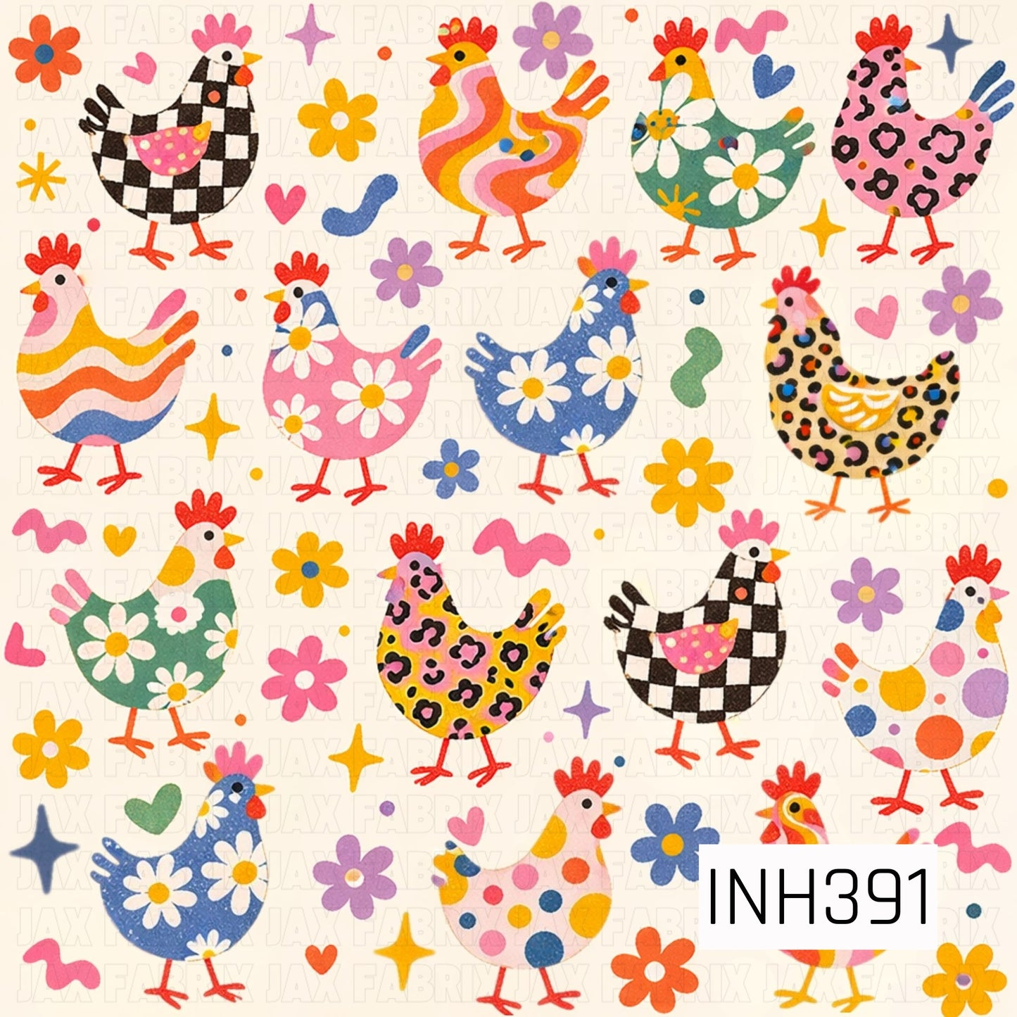 A fun and whimsical pattern featuring a colorful flock of playful chickens decorated with florals, checkerboard, polka dots, leopard print, stripes, and bold retro patterns. Surrounded by bright flowers, hearts, stars, and cheerful accents on a warm cream background, this lively design bursts with vibrant shades of pink, blue, yellow, orange, green, and purple for a charming farmhouse-inspired look.

