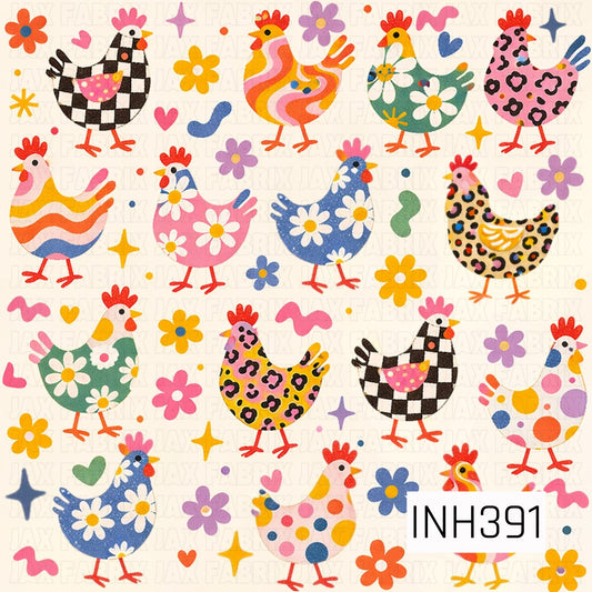 A fun and whimsical pattern featuring a colorful flock of playful chickens decorated with florals, checkerboard, polka dots, leopard print, stripes, and bold retro patterns. Surrounded by bright flowers, hearts, stars, and cheerful accents on a warm cream background, this lively design bursts with vibrant shades of pink, blue, yellow, orange, green, and purple for a charming farmhouse-inspired look.
