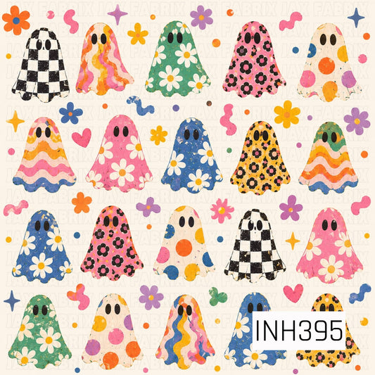 A playful seamless pattern featuring adorable ghosts decorated in colorful checkerboard, retro stripes, daisies, leopard print, and polka dots. Set on a light cream background with scattered flowers, hearts, stars, and whimsical accents, this bright Halloween design blends cheerful colors with a fun retro aesthetic for a cute, not-so-spooky seasonal look.
