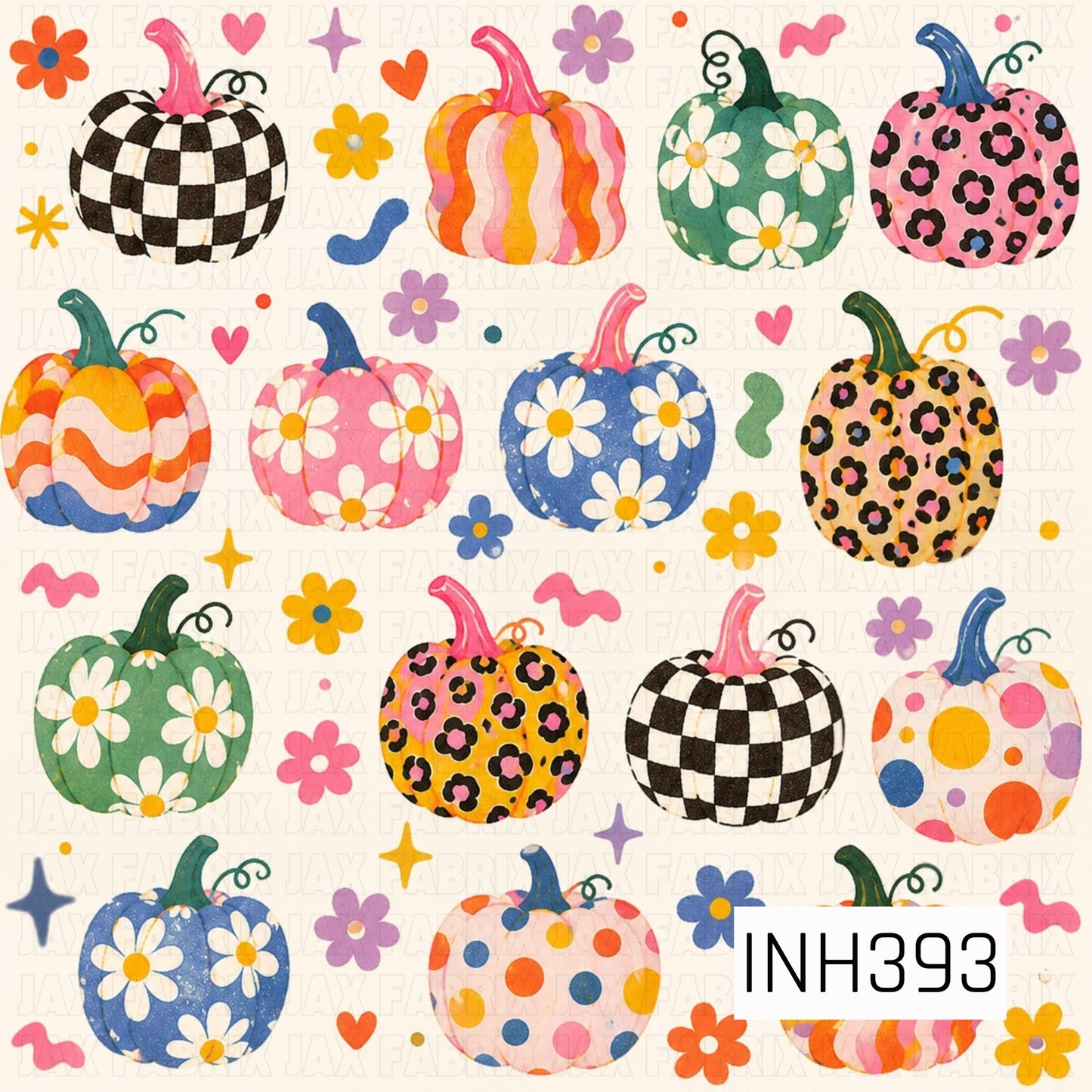 A playful seamless pattern featuring colorful pumpkins in a variety of fun designs, including checkerboard, leopard print, polka dots, daisies, and wavy retro stripes. Set against a light cream background with scattered flowers, hearts, and whimsical accents, this cheerful design combines bright shades of pink, orange, blue, green, and yellow for a fun, retro-inspired fall look.
