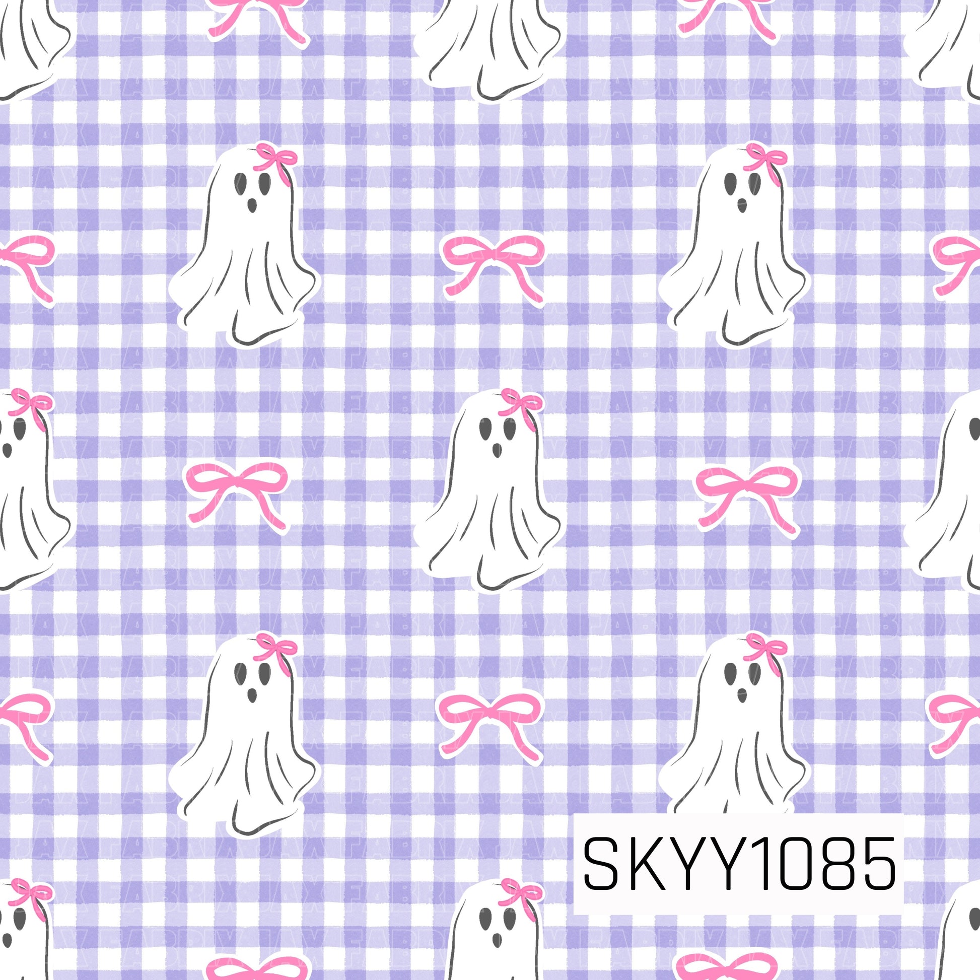A sweet and spooky seamless pattern featuring adorable white ghosts accented with pink bows, scattered across a soft lavender and white gingham background. Delicate pink bow accents add an extra touch of charm, creating a playful Halloween design with a cute, feminine aesthetic.
