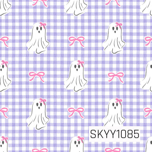 A sweet and spooky seamless pattern featuring adorable white ghosts accented with pink bows, scattered across a soft lavender and white gingham background. Delicate pink bow accents add an extra touch of charm, creating a playful Halloween design with a cute, feminine aesthetic.
