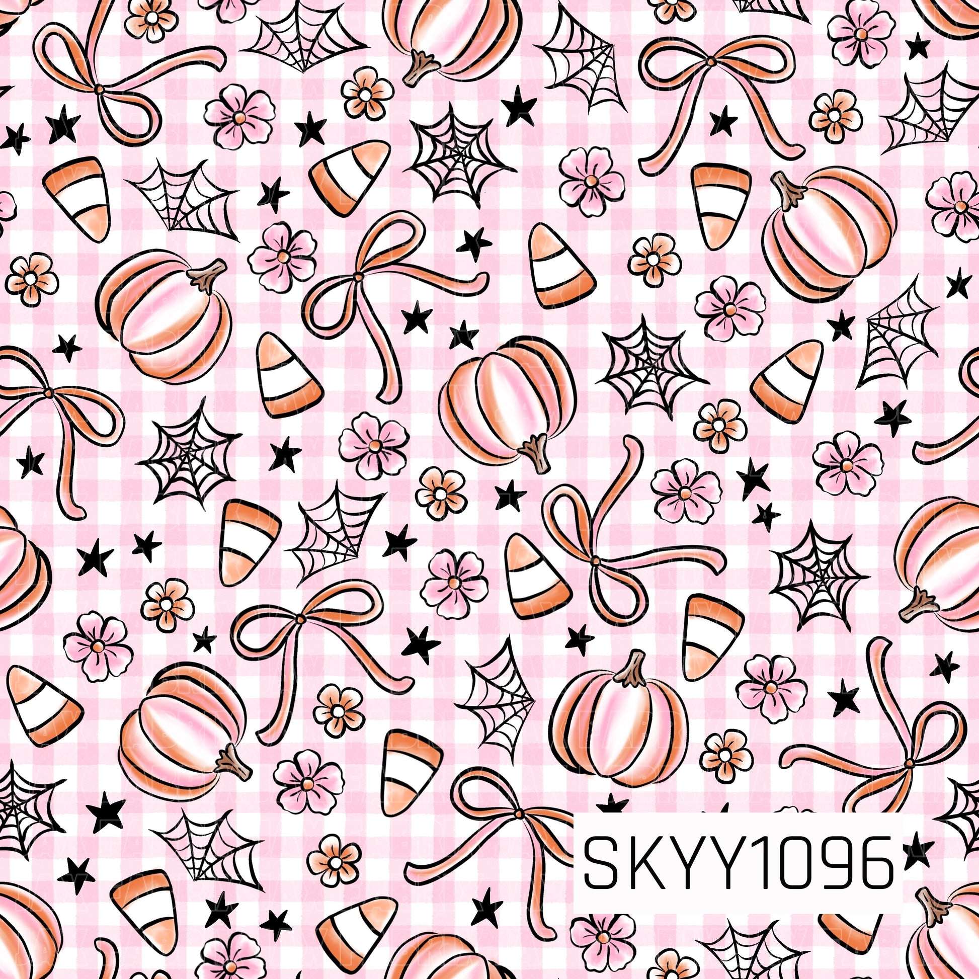 A sweet Halloween seamless pattern featuring soft pink pumpkins, candy corn, delicate pink bows, tiny pink flowers, white spider webs, and scattered black stars on a blush pink gingham background. The blend of pastel pink, peach, orange, black, and white creates a charming, feminine Halloween design with a playful preppy aesthetic.
