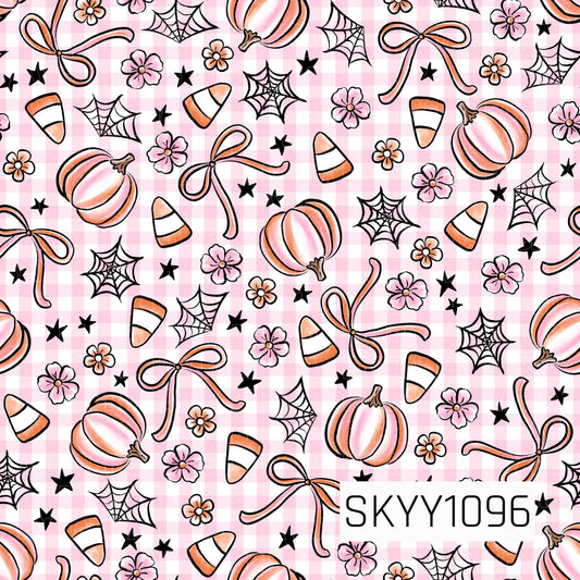 A sweet Halloween seamless pattern featuring soft pink pumpkins, candy corn, delicate pink bows, tiny pink flowers, white spider webs, and scattered black stars on a blush pink gingham background. The blend of pastel pink, peach, orange, black, and white creates a charming, feminine Halloween design with a playful preppy aesthetic.
