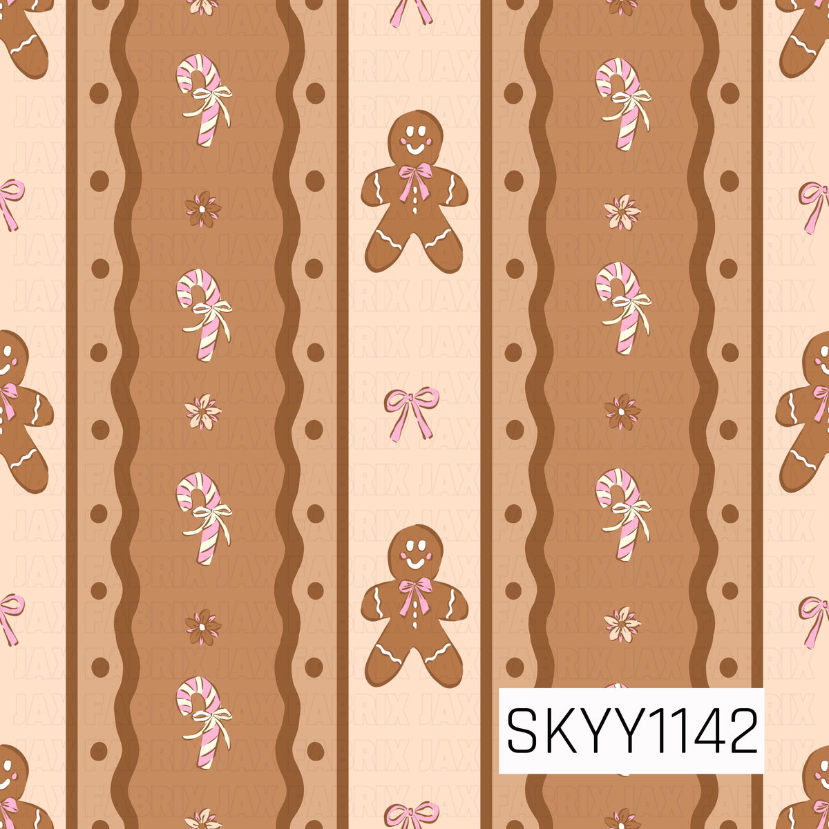 A sweet gingerbread-inspired seamless pattern featuring smiling gingerbread people, pink striped candy canes, dainty bows, and small floral accents. Warm caramel and cream vertical stripes with wavy cookie-like borders give the design a cozy, whimsical Christmas feel.
