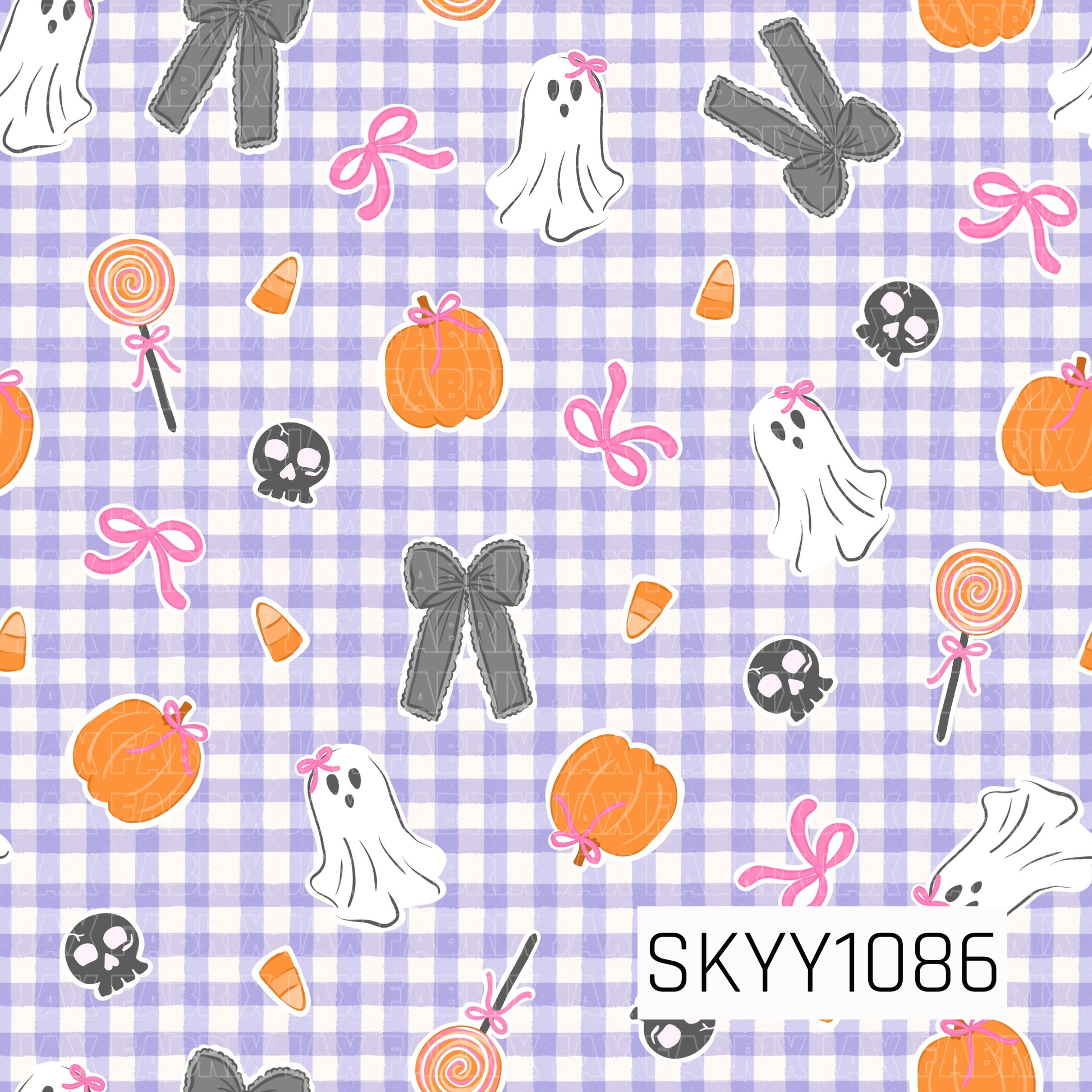 A playful Halloween seamless pattern featuring cute white ghosts with pink bows, black ribbon bows, smiling pumpkins, candy corn, swirled lollipops, pink bows, and tiny black skulls scattered across a soft lavender and white gingham background. The charming mix of spooky and sweet details creates a fun, girly Halloween design with a whimsical touch.
