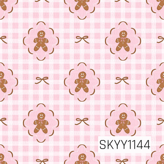 A sweet gingerbread Christmas seamless pattern featuring smiling gingerbread people framed in scalloped pink shapes. Delicate brown bows are scattered throughout over a soft pink gingham background for a cozy, feminine holiday look.

