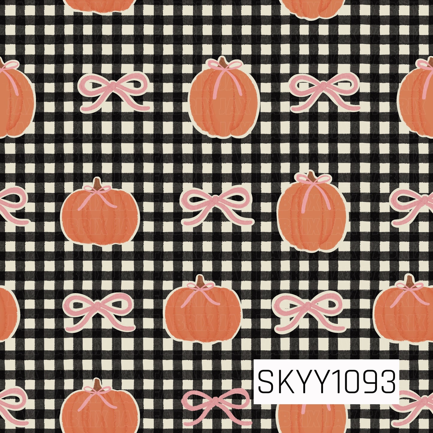 A charming seamless pattern featuring soft orange pumpkins adorned with delicate pink bows, paired with coordinating pink ribbon bows scattered across a classic black and cream gingham background. The warm autumn palette and sweet feminine details create a timeless fall design with a cozy, preppy feel.
