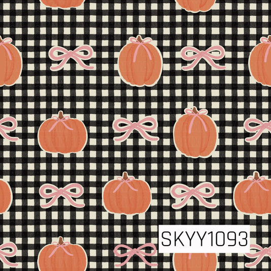 A charming seamless pattern featuring soft orange pumpkins adorned with delicate pink bows, paired with coordinating pink ribbon bows scattered across a classic black and cream gingham background. The warm autumn palette and sweet feminine details create a timeless fall design with a cozy, preppy feel.
