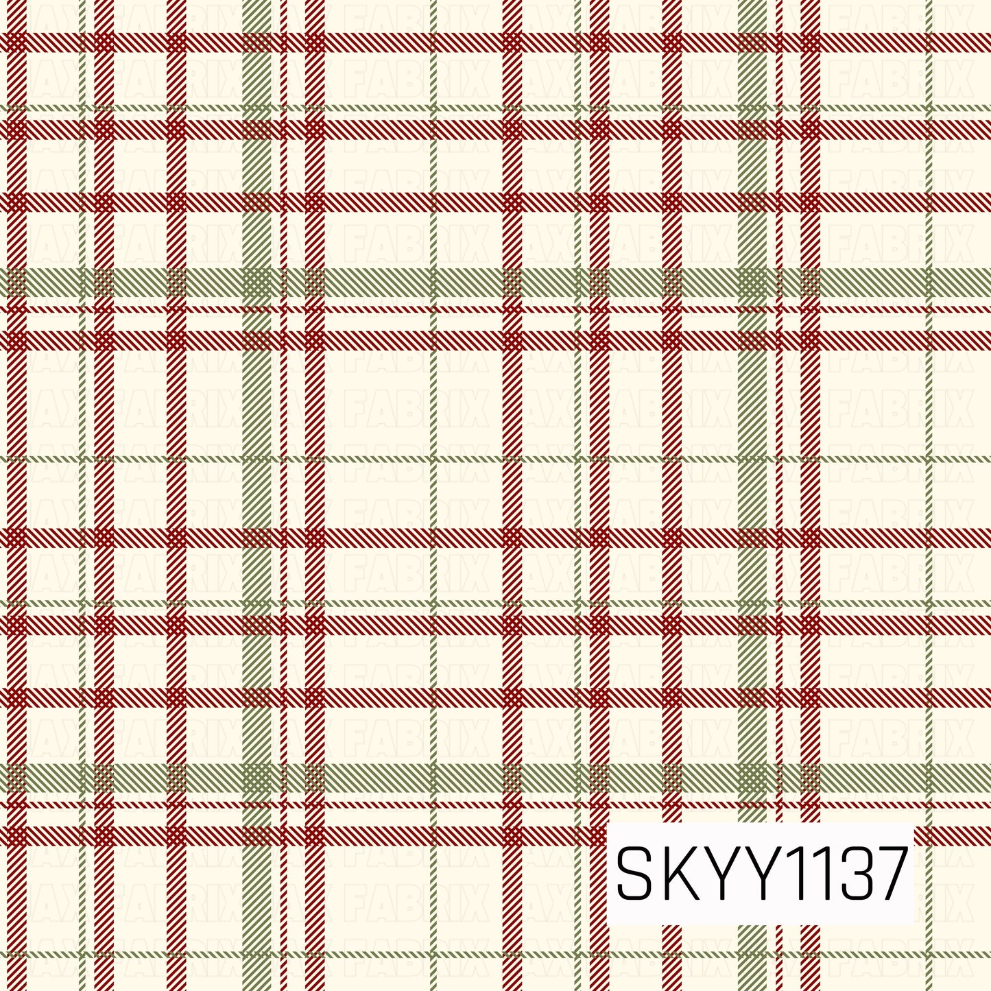A classic Christmas plaid pattern featuring layered red and muted olive green stripes on a warm cream background. Fine diagonal detailing within the lines adds texture and dimension, giving the design a cozy, traditional holiday feel.

