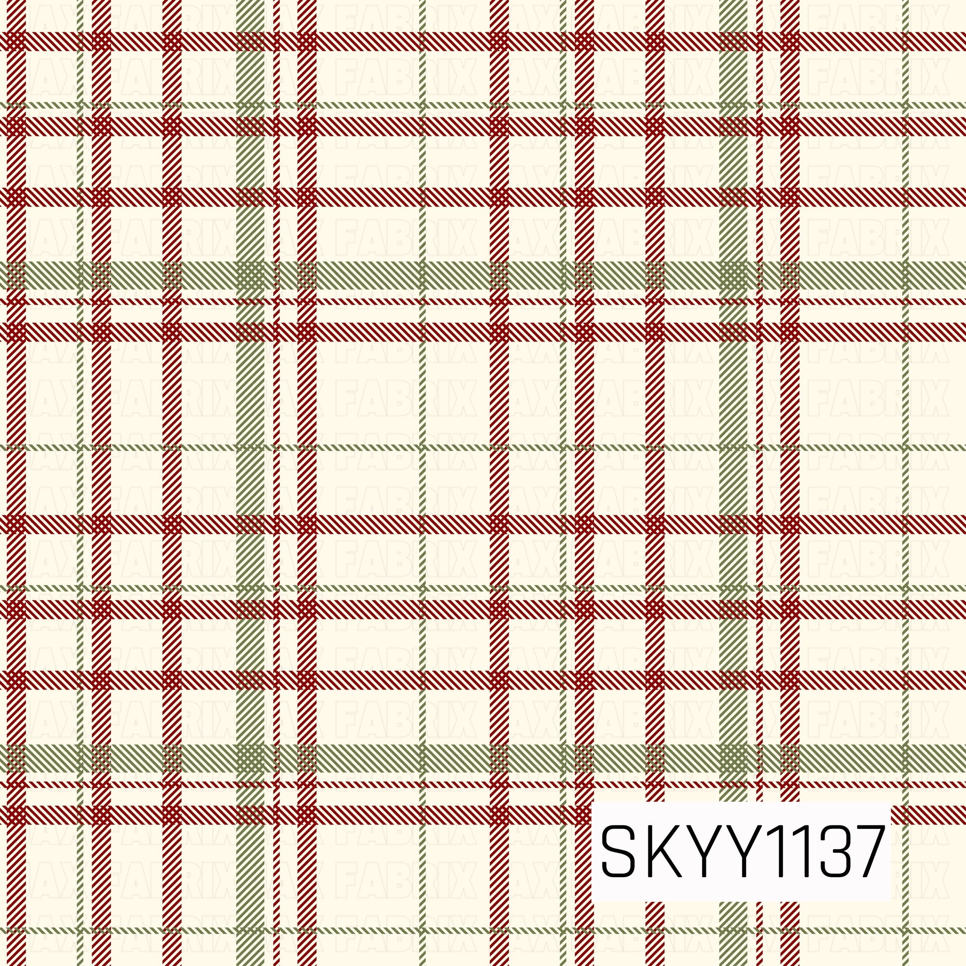 A classic Christmas plaid pattern featuring layered red and muted olive green stripes on a warm cream background. Fine diagonal detailing within the lines adds texture and dimension, giving the design a cozy, traditional holiday feel.

