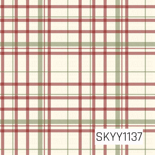 A classic Christmas plaid pattern featuring layered red and muted olive green stripes on a warm cream background. Fine diagonal detailing within the lines adds texture and dimension, giving the design a cozy, traditional holiday feel.
